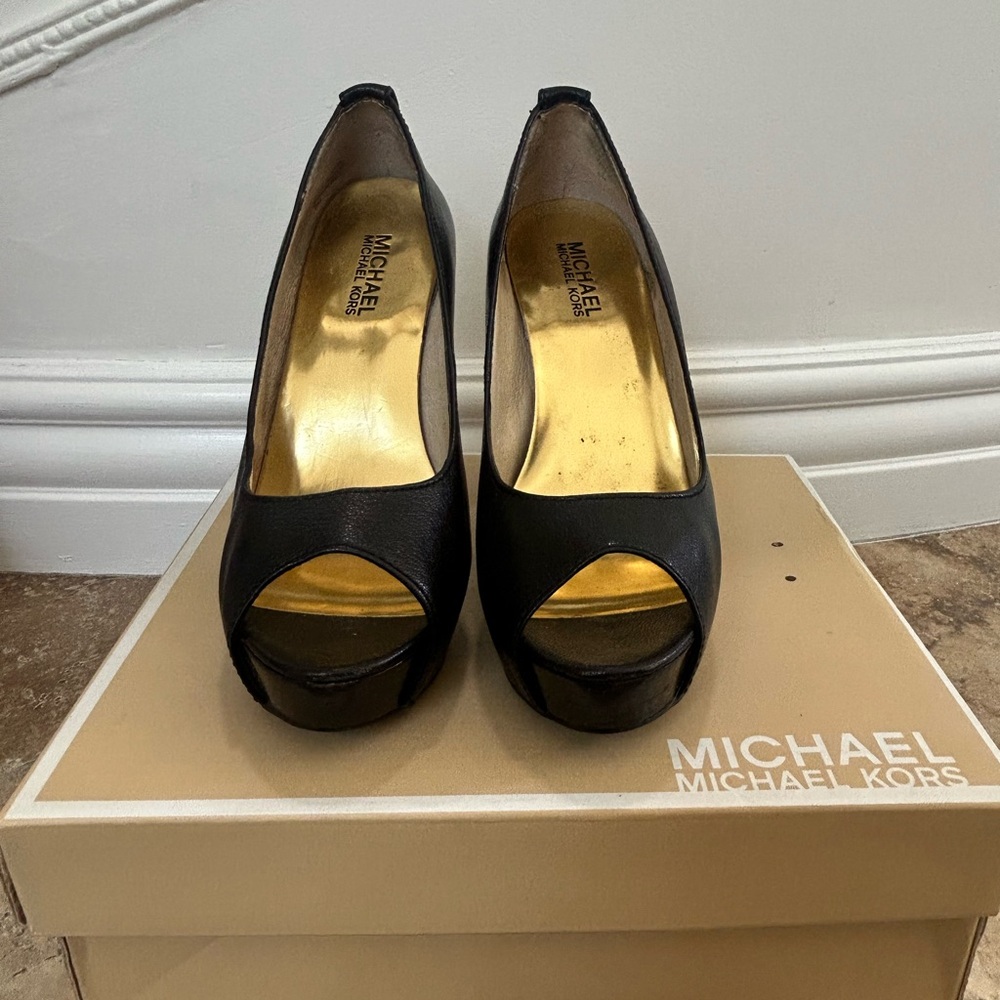 Michael Kors Black  Miami Leather Open Toe Platform Heels